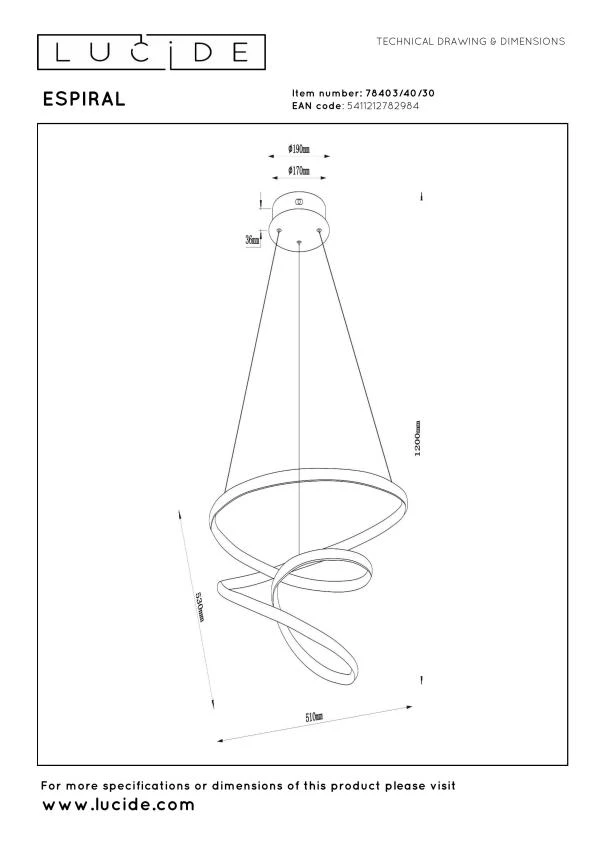 Lucide ESPIRAL - Pendelleuchten - LED Dim. - CCT - 1x40W 2700K/4000K - Schwarz | Essential - technisch